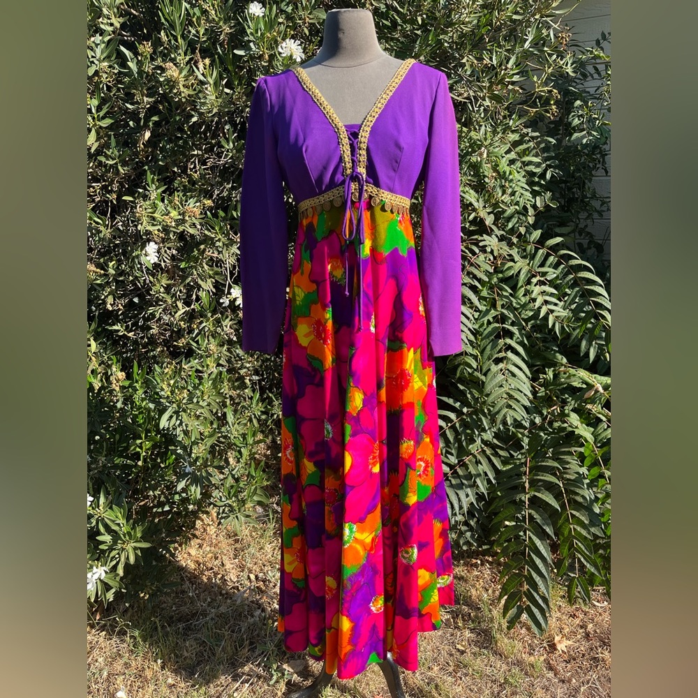 Vintage 1970’s psychedelic handmade barkcloth maxi dress with gold ribbon trim